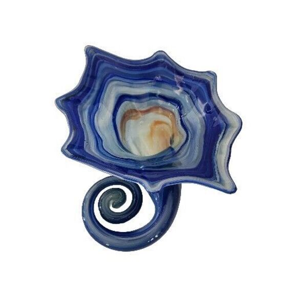 Sooner Bubble Art Glass Blue Free Form Cornucopia Candy Dish Hand Blown USA - Picture 3 of 14